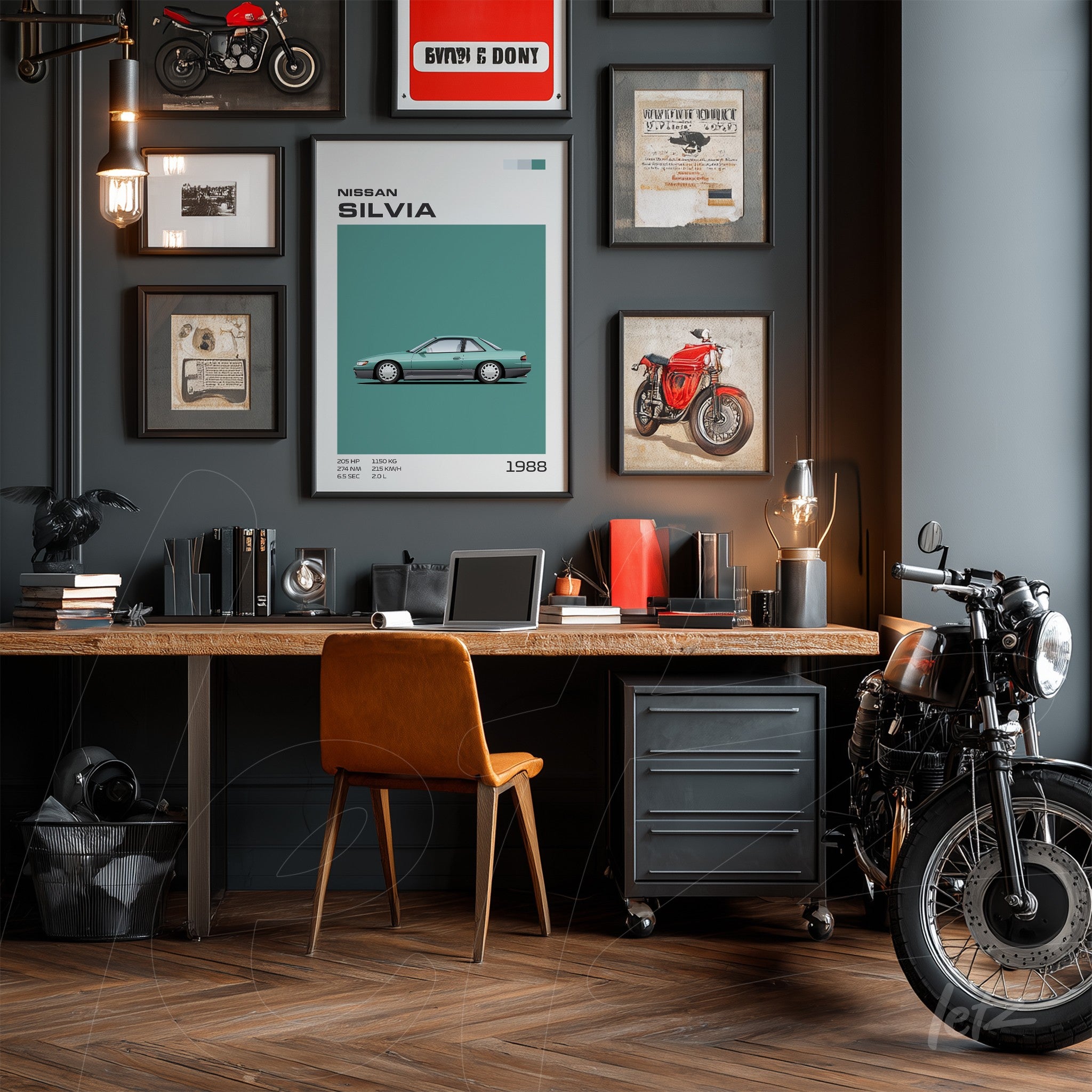 gallery of framed artworks on a dark gray wall featuring a Nissan Silvia 1988 print, with a light wood desk, orange chair, and vintage motorcycle beside it