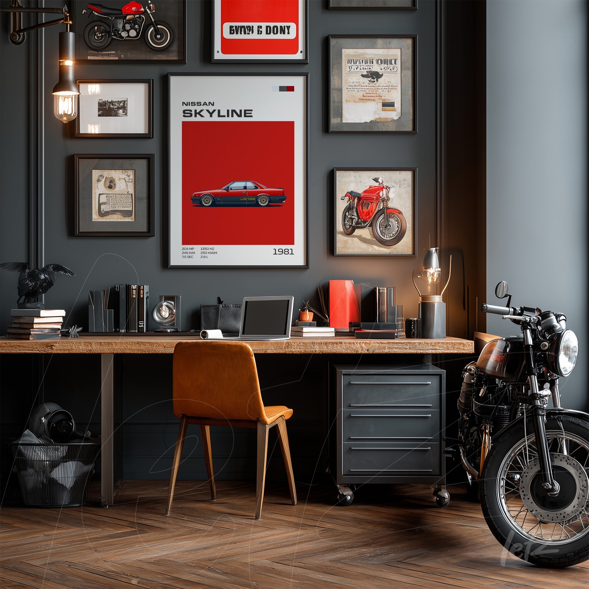 decorative wall art composition featuring a red Nissan Skyline print, light wood desk, orange leather chair, and a vintage motorcycle beside