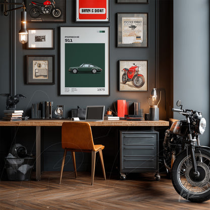 modern office space featuring a wooden desk, orange chair, framed car art, and decorative motorcycle by the side