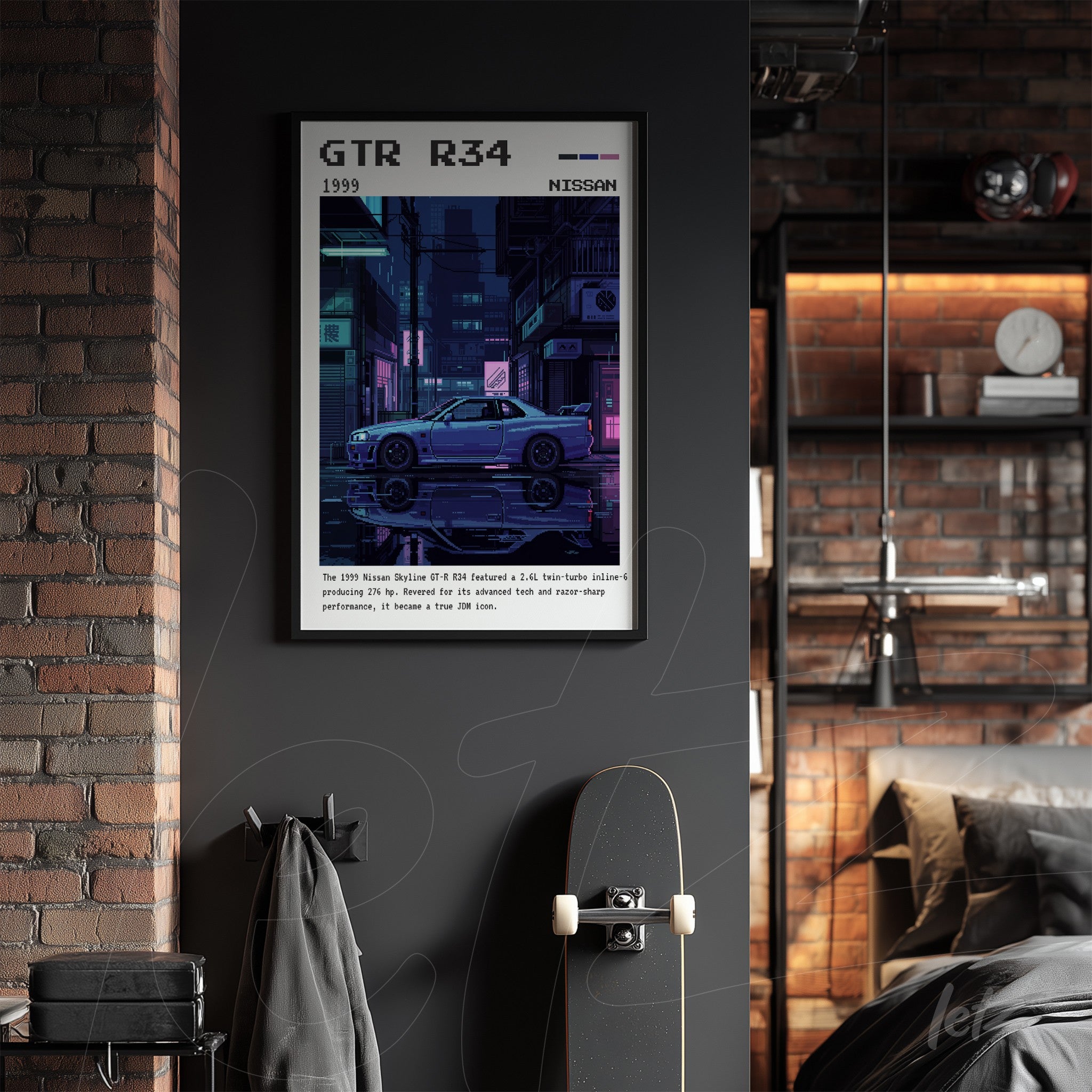 framed digital art of Nissan GTR R34 in a futuristic city night scene with black frame