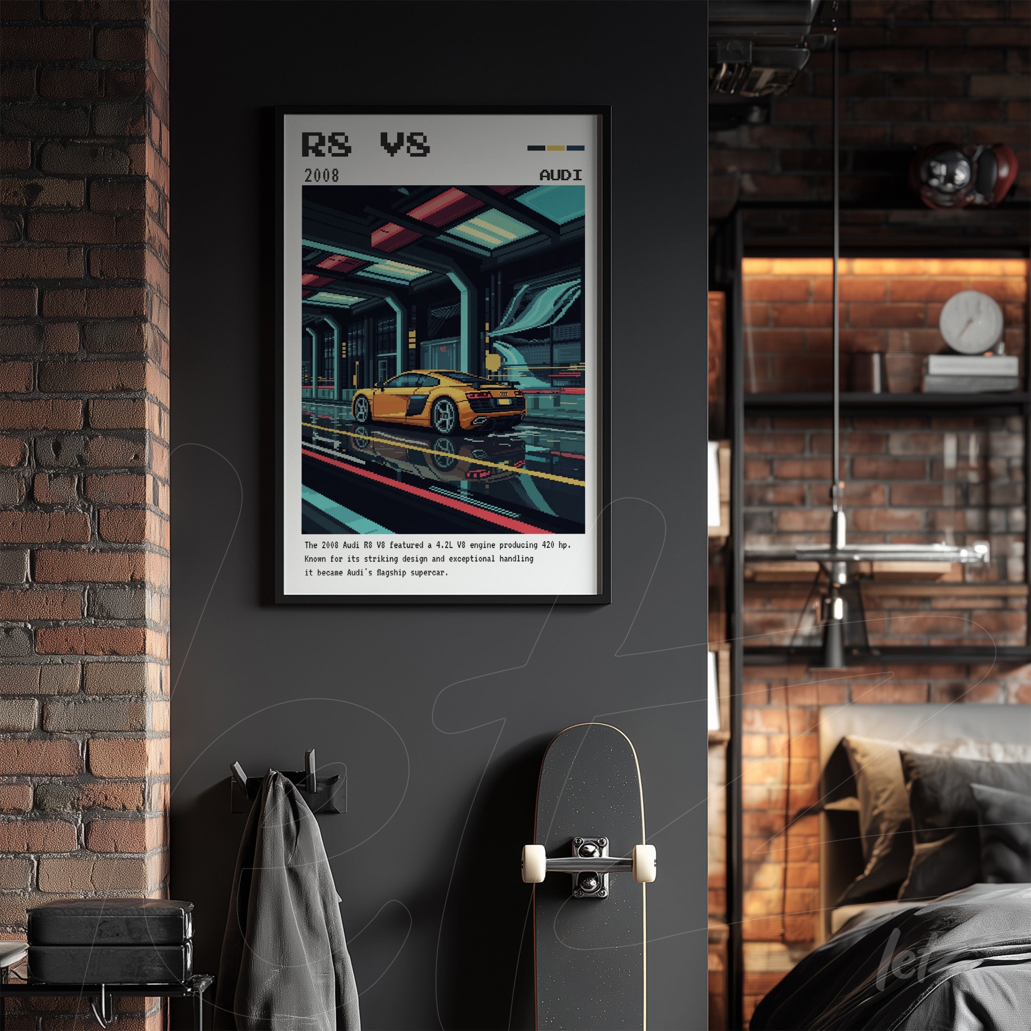 framed wall art featuring retro illustration of a yellow sports car on an urban track with dark background and futuristic details