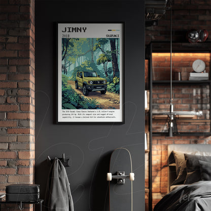 framed wall art featuring an illustration of Suzuki Jimny in a forest, framed in black with an industrial urban background