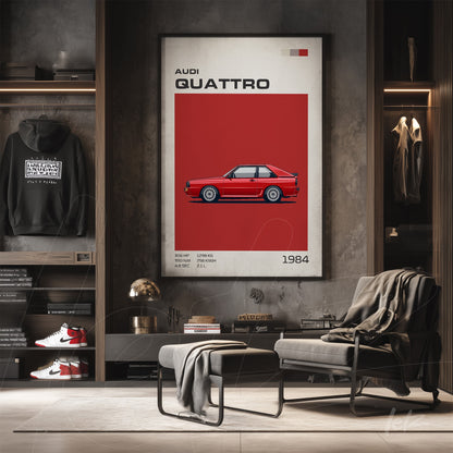vintage style wall art featuring illustration of 1984 Audi Quattro on red background with sleek light wood frame displayed in a modern setting with shelves and contemporary chairs