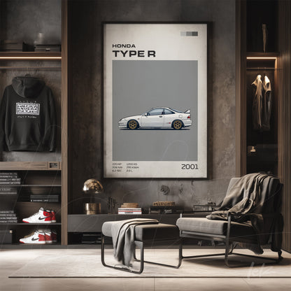 framed wall art featuring an illustration of a 2001 Honda Type R on a gray background