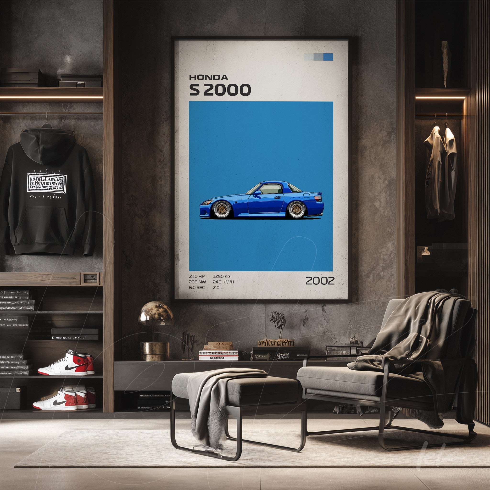 framed digital art of Honda S2000 car on vibrant blue background displayed in a modern setting with wooden shelf and stylish chair
