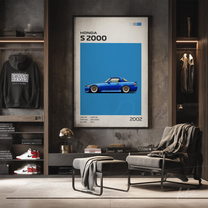 framed digital art of Honda S2000 car on vibrant blue background displayed in a modern setting with wooden shelf and stylish chair