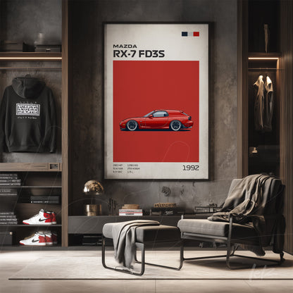 framed wall art featuring digital illustration of Mazda RX-7 FD3S on red background displayed in modern minimalist interior