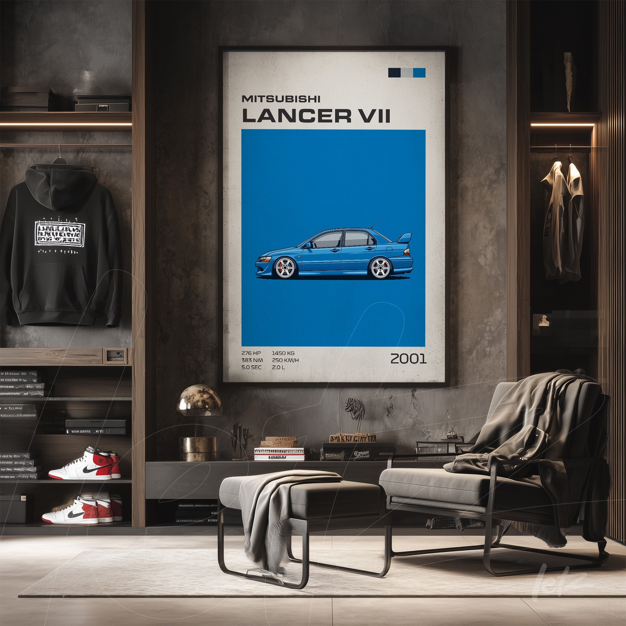 framed wall art featuring an illustration of Mitsubishi Lancer VII on a vibrant blue background displayed in a modern setting with shelves and chair