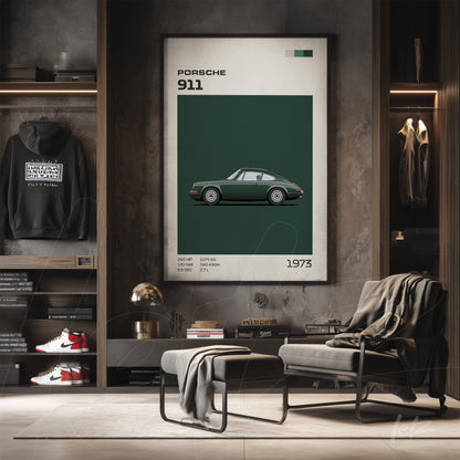framed wall art featuring a minimalist illustration of a green Porsche 911 on a dark green background displayed in a modern setting