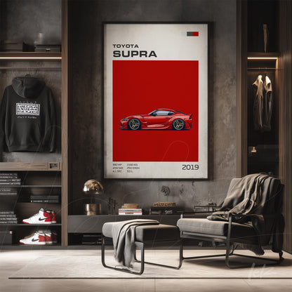 framed minimalist art of a toyota supra car on a red background with an elegant frame