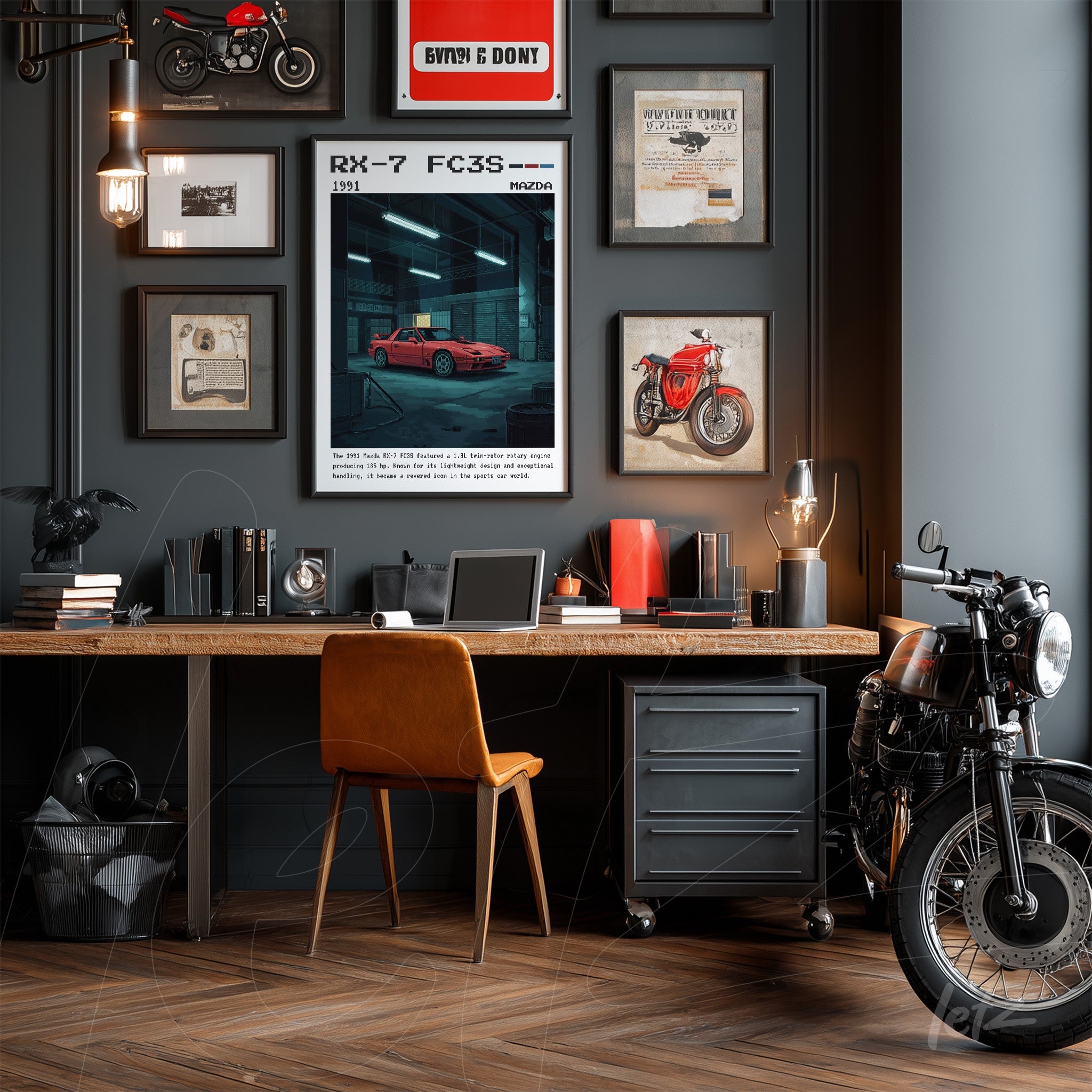 modern office space featuring decorative wall art of cars and motorcycles, light wooden desk with orange chair, and a classic black motorcycle on display
