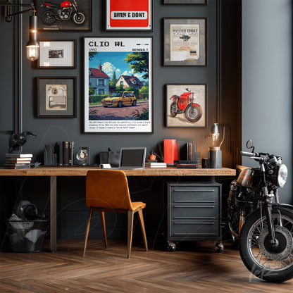 framed retro art of classic car on gray wall, decorated with motorcycle items and various frames