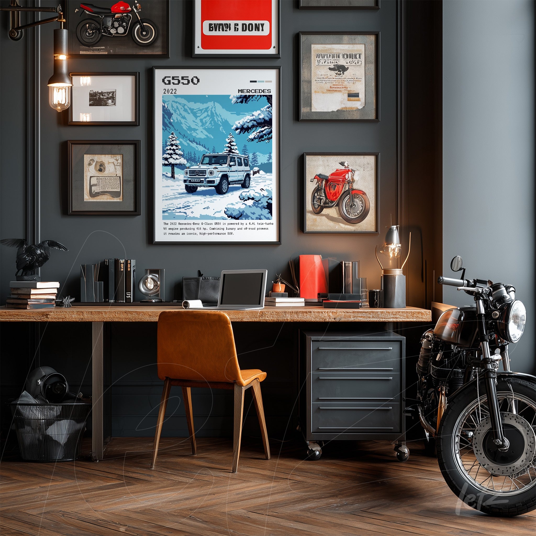 gallery wall with artwork of the 2022 Mercedes G550 surrounded by framed prints, wooden desk with leather chair, classic motorcycle displayed nearby