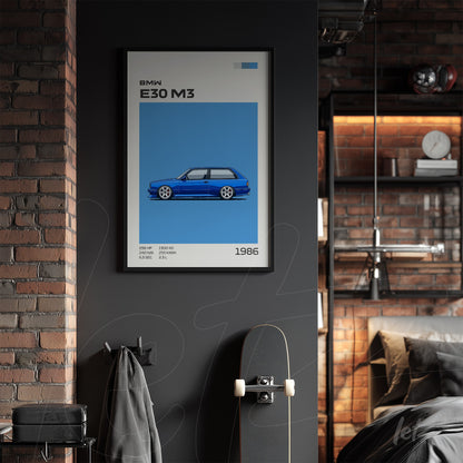 framed artwork featuring detailed illustration of BMW E30 M3 on blue background with black frame in modern room