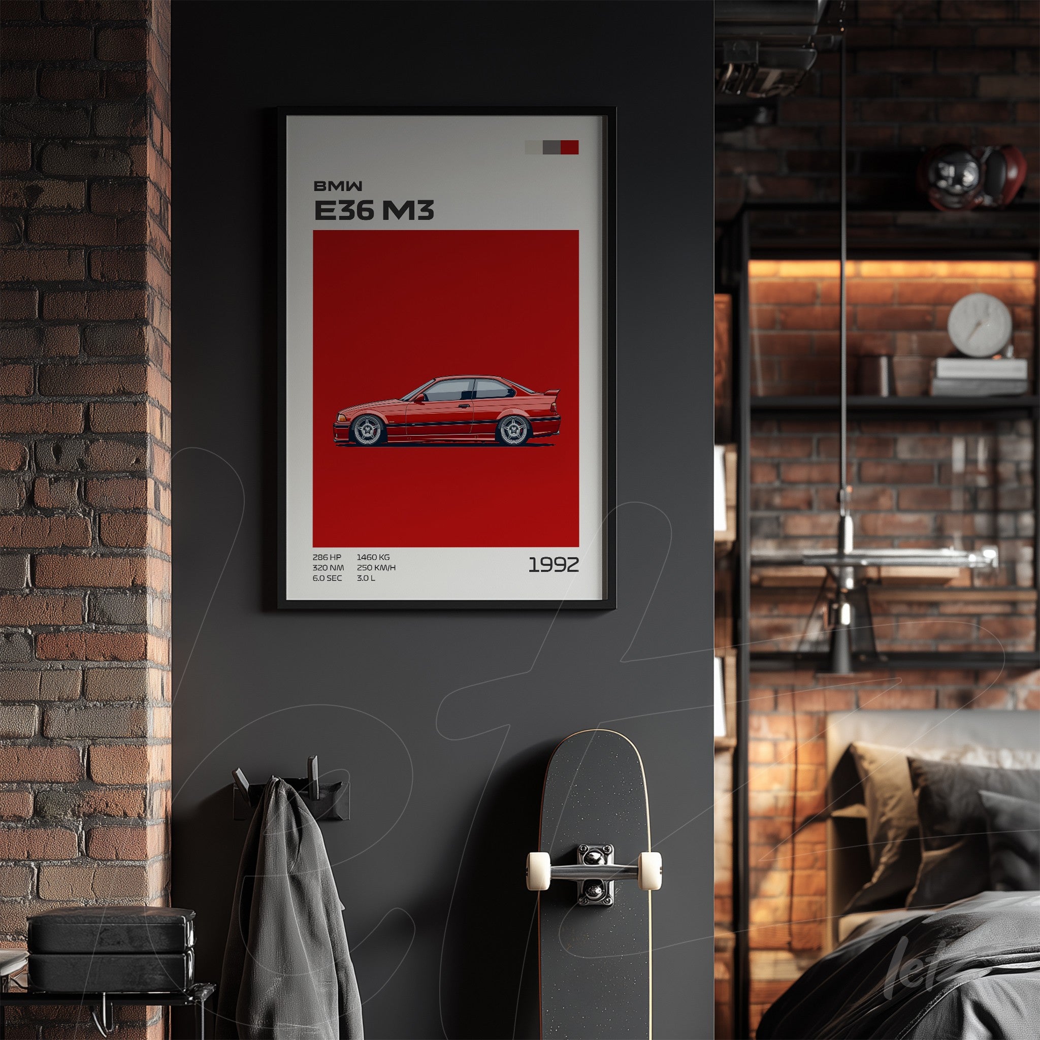 framed art of the BMW E36 M3 with a vibrant red background and black frame