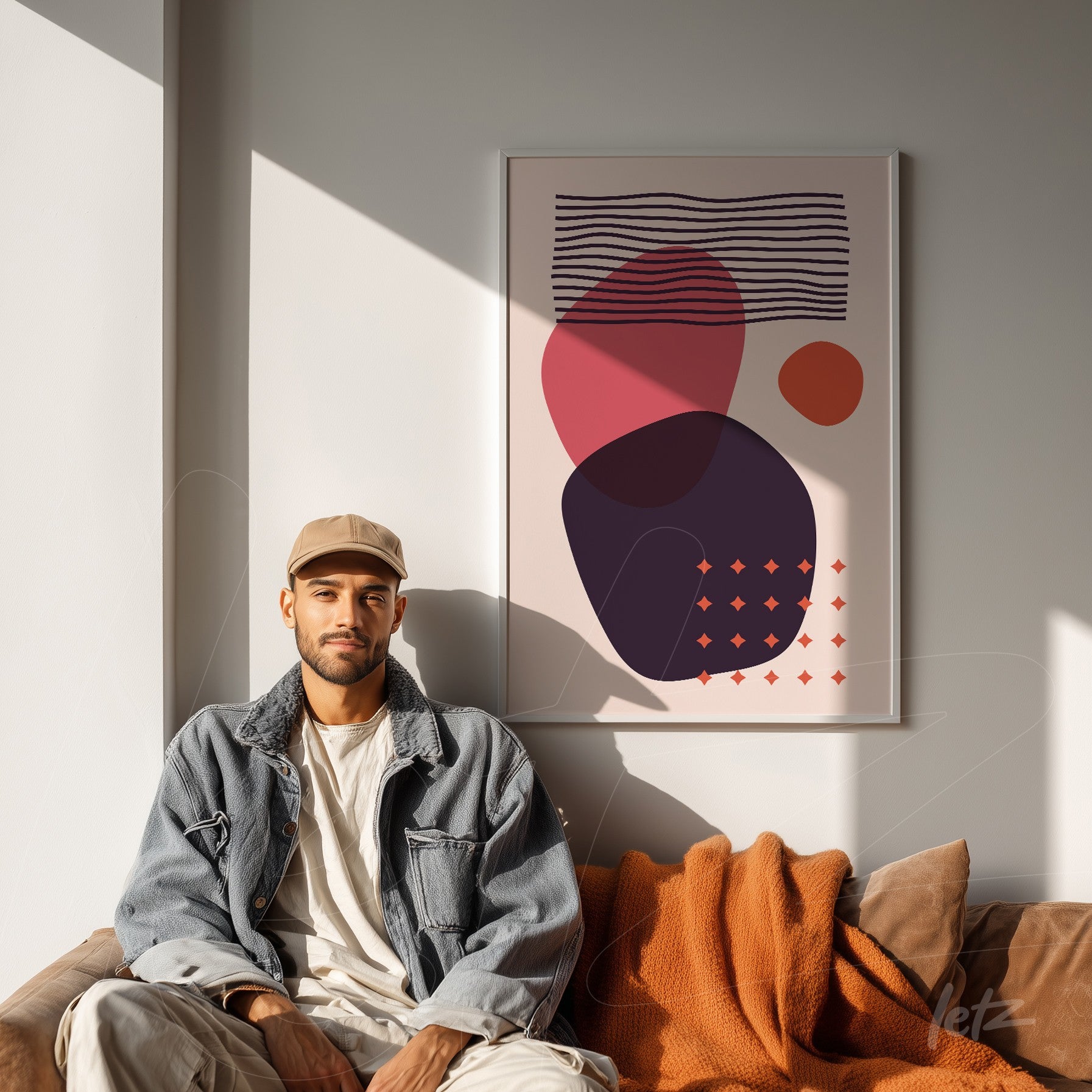 minimalist framed artwork with abstract geometric shapes in black, pink, and orange displayed on a white wall