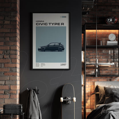 framed art piece of a 1997 Honda Civic Type R in black frame on a dark wall