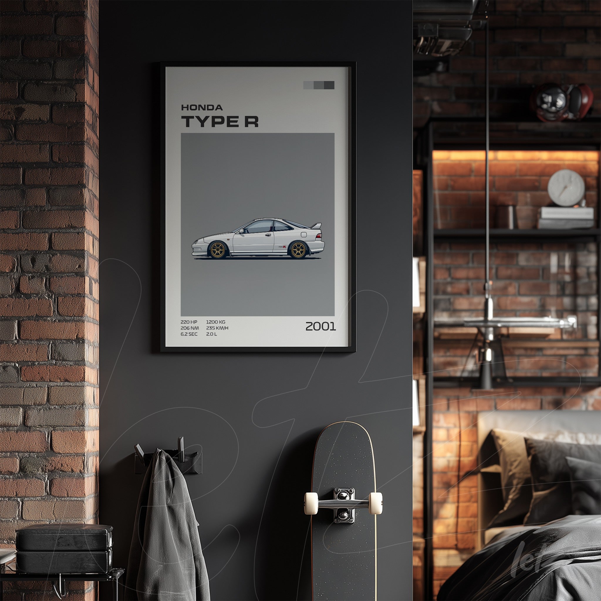 framed wall art depicting the 2001 Honda Type R in a minimalist style displayed on a dark wall next to a skateboard and clothing