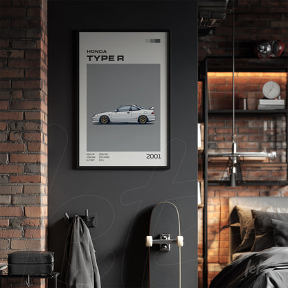 framed wall art depicting the 2001 Honda Type R in a minimalist style displayed on a dark wall next to a skateboard and clothing