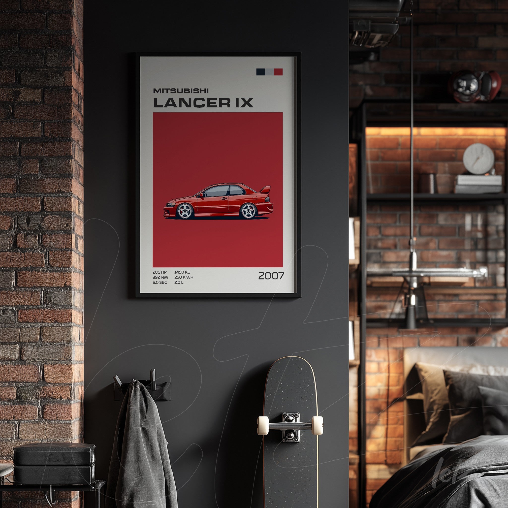framed artwork of Mitsubishi Lancer IX in red background with black frame