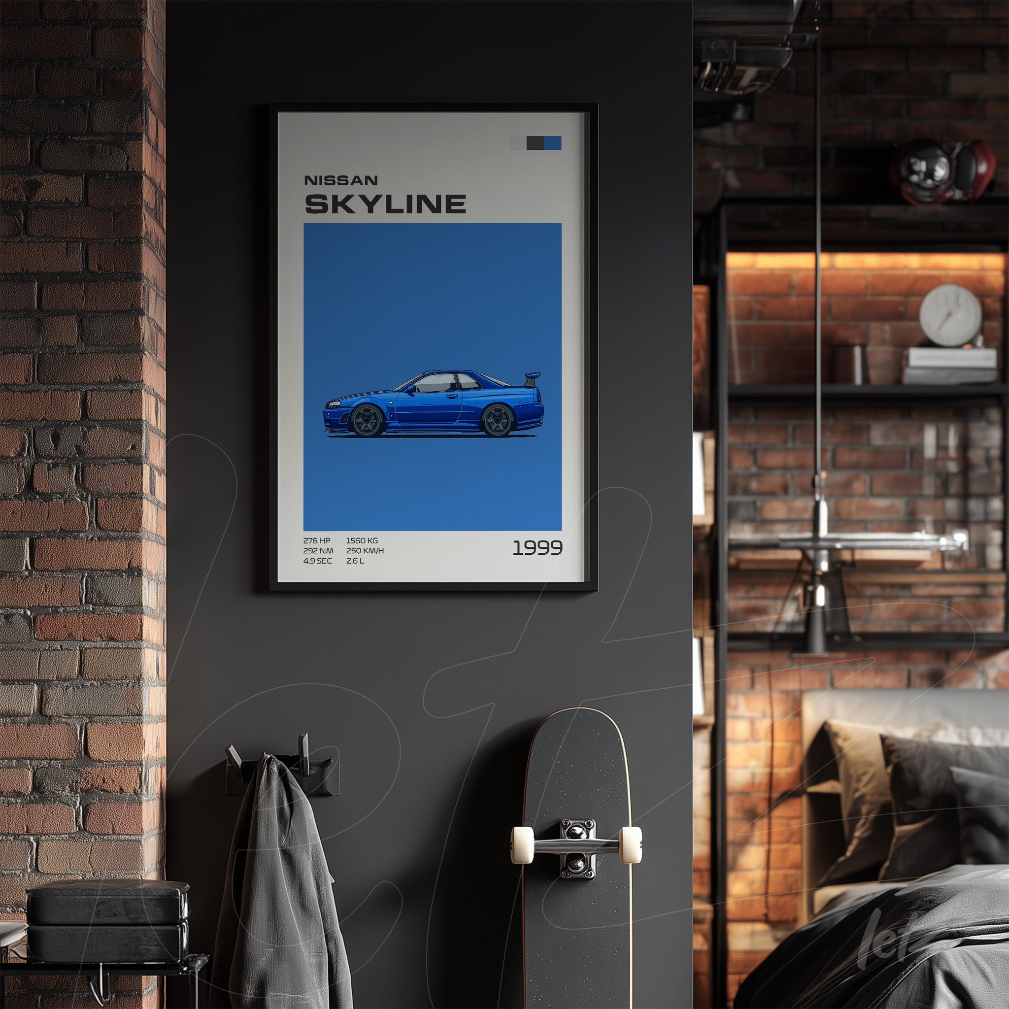 framed artwork of Nissan Skyline sports car with black frame and blue background