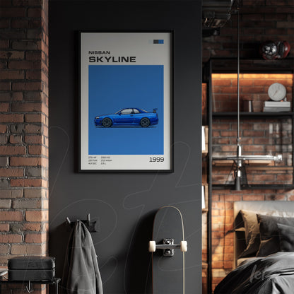 framed artwork of Nissan Skyline sports car with black frame and blue background