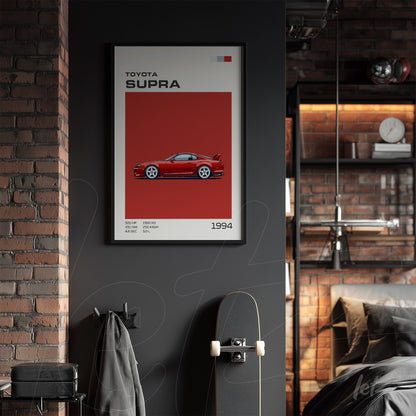 framed wall art of a red Toyota Supra on a bold red background in a modern bedroom