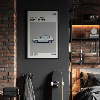 framed graphic art of 1984 Volkswagen Golf GTI in black frame against dark wall