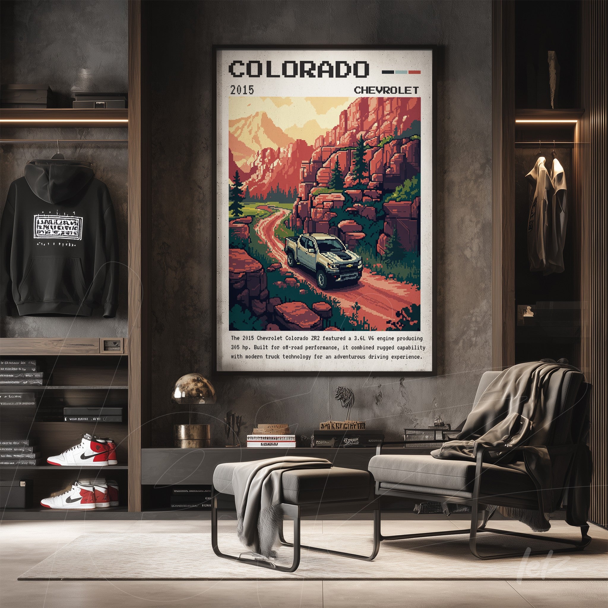 pixel art framed wall decor featuring a Chevrolet Colorado in a mountainous landscape with red and brown details