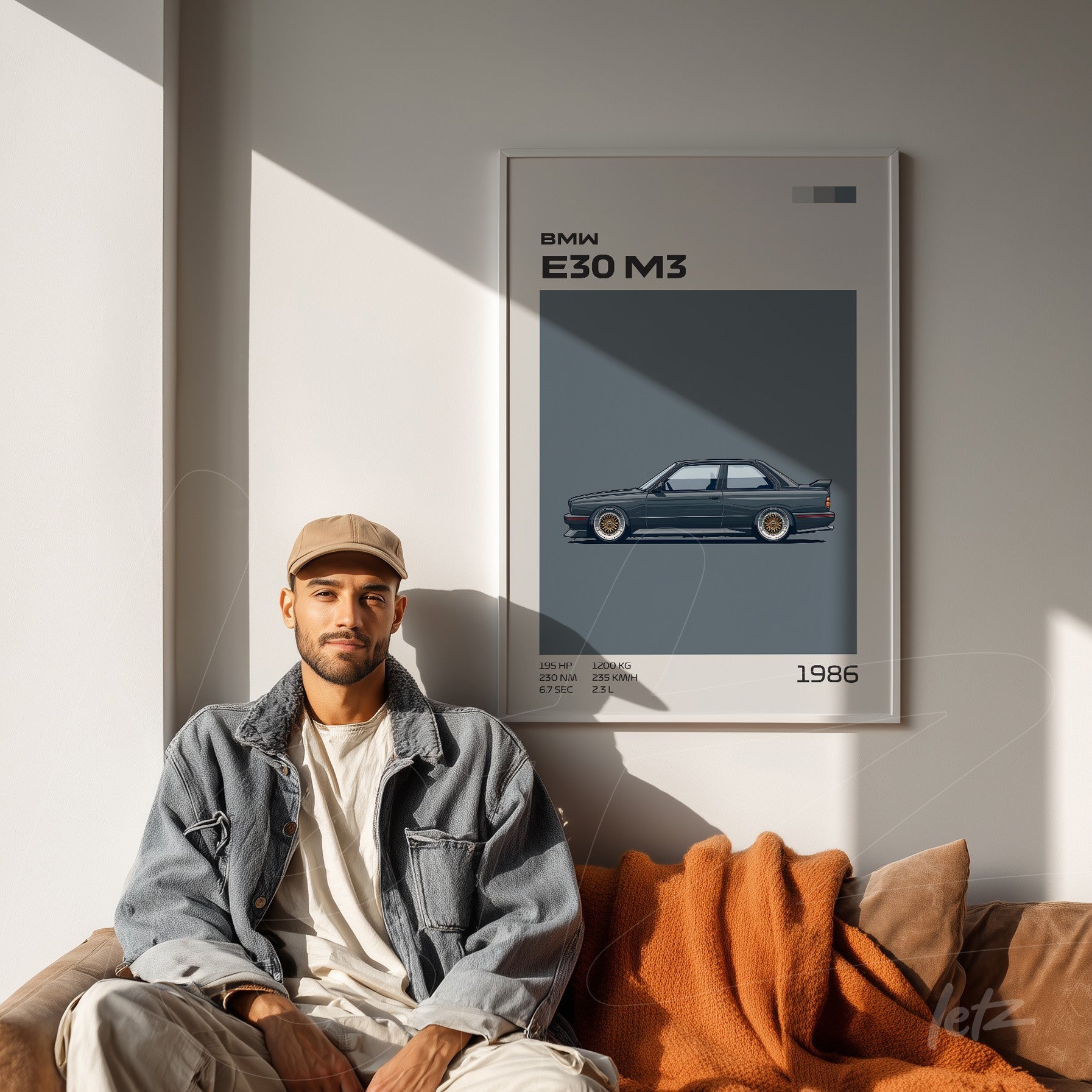 framed digital artwork of a bmw e30 m3 with gray background and white frame