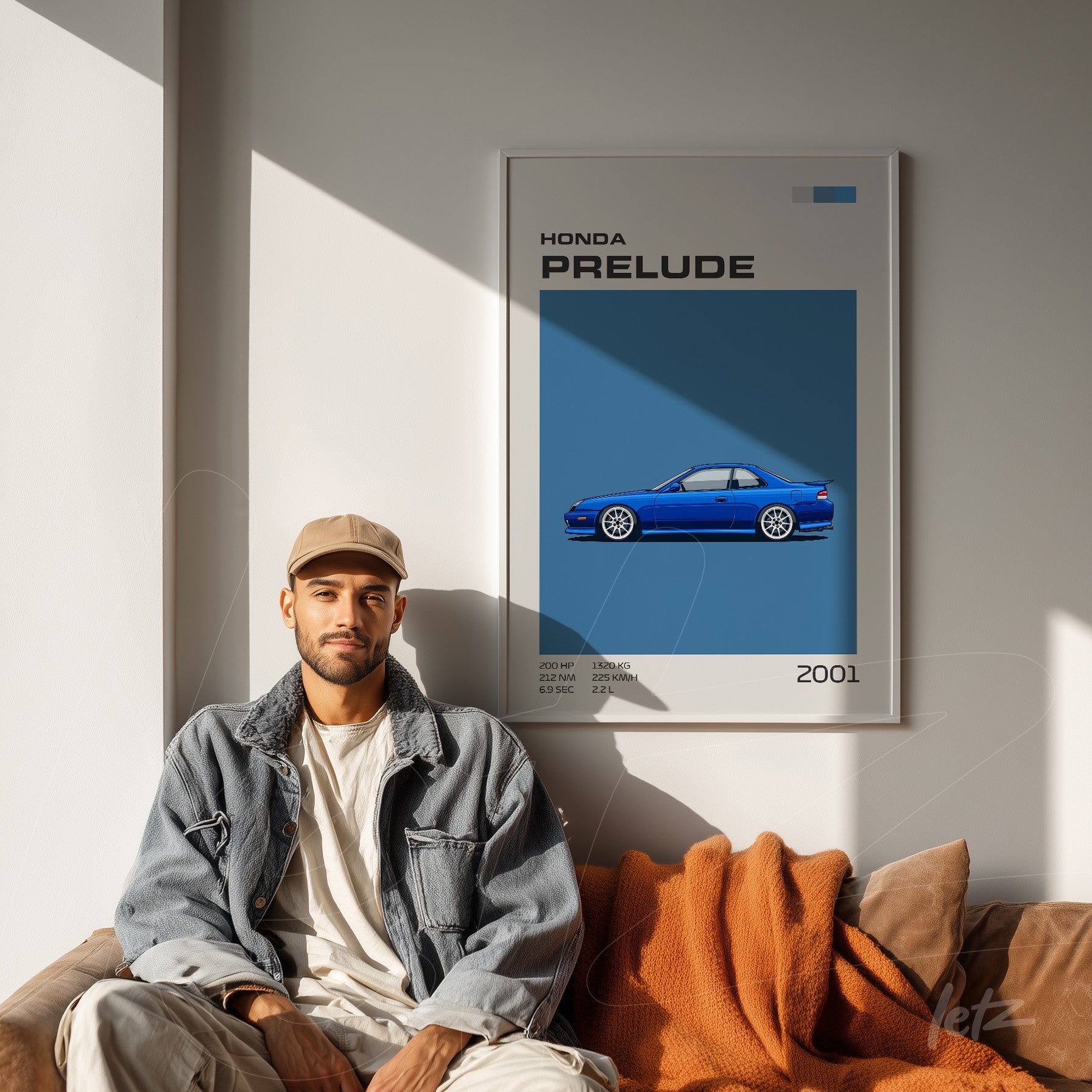 framed digital art of 2001 Honda Prelude against a neutral wall with natural light