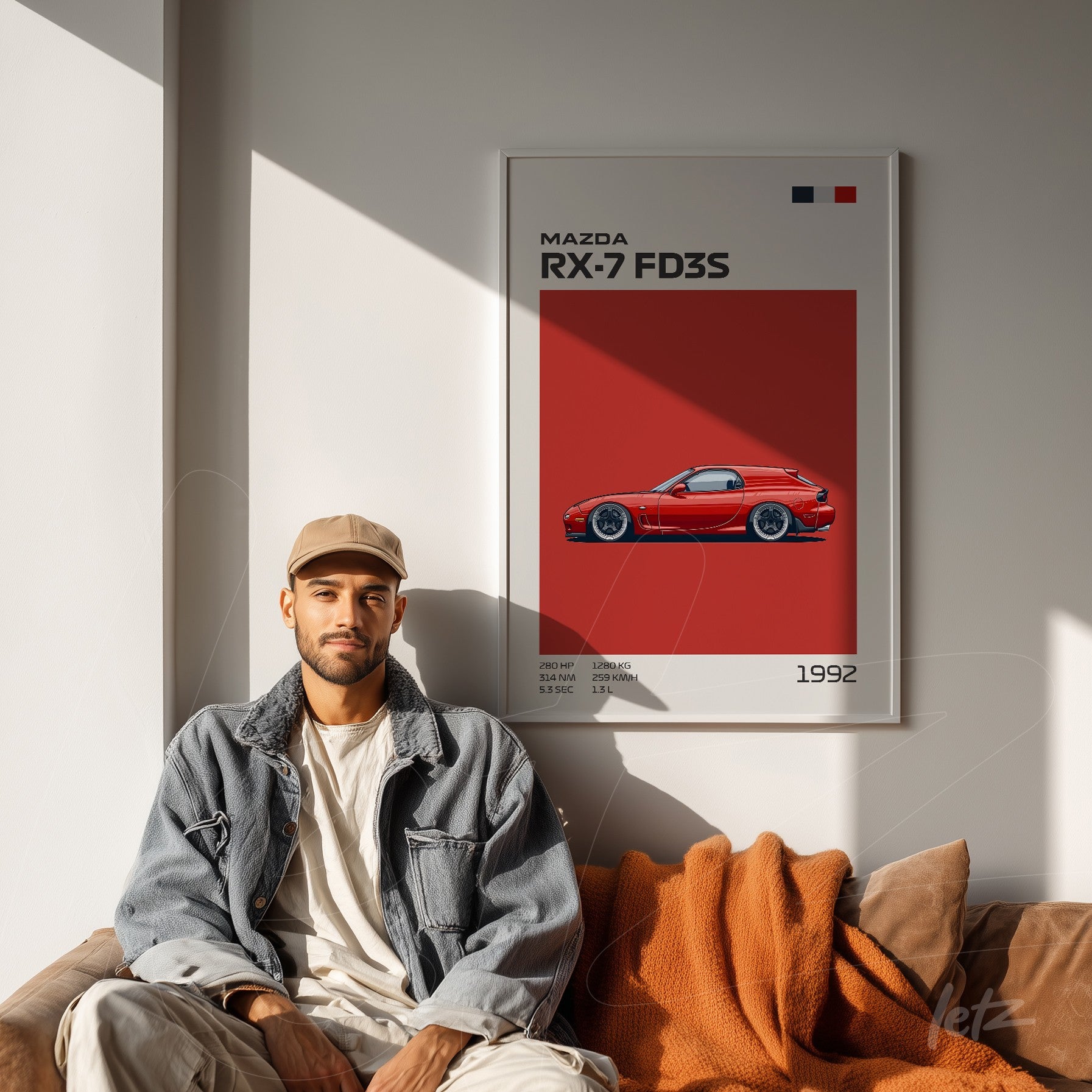framed art print of Mazda RX-7 FD3S sports car against a red background