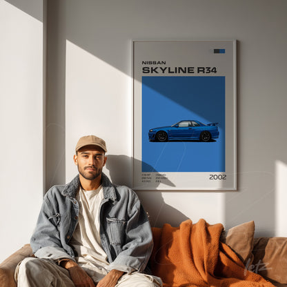 framed wall art of the Nissan Skyline R34 car in blue background displayed next to a man sitting on a couch