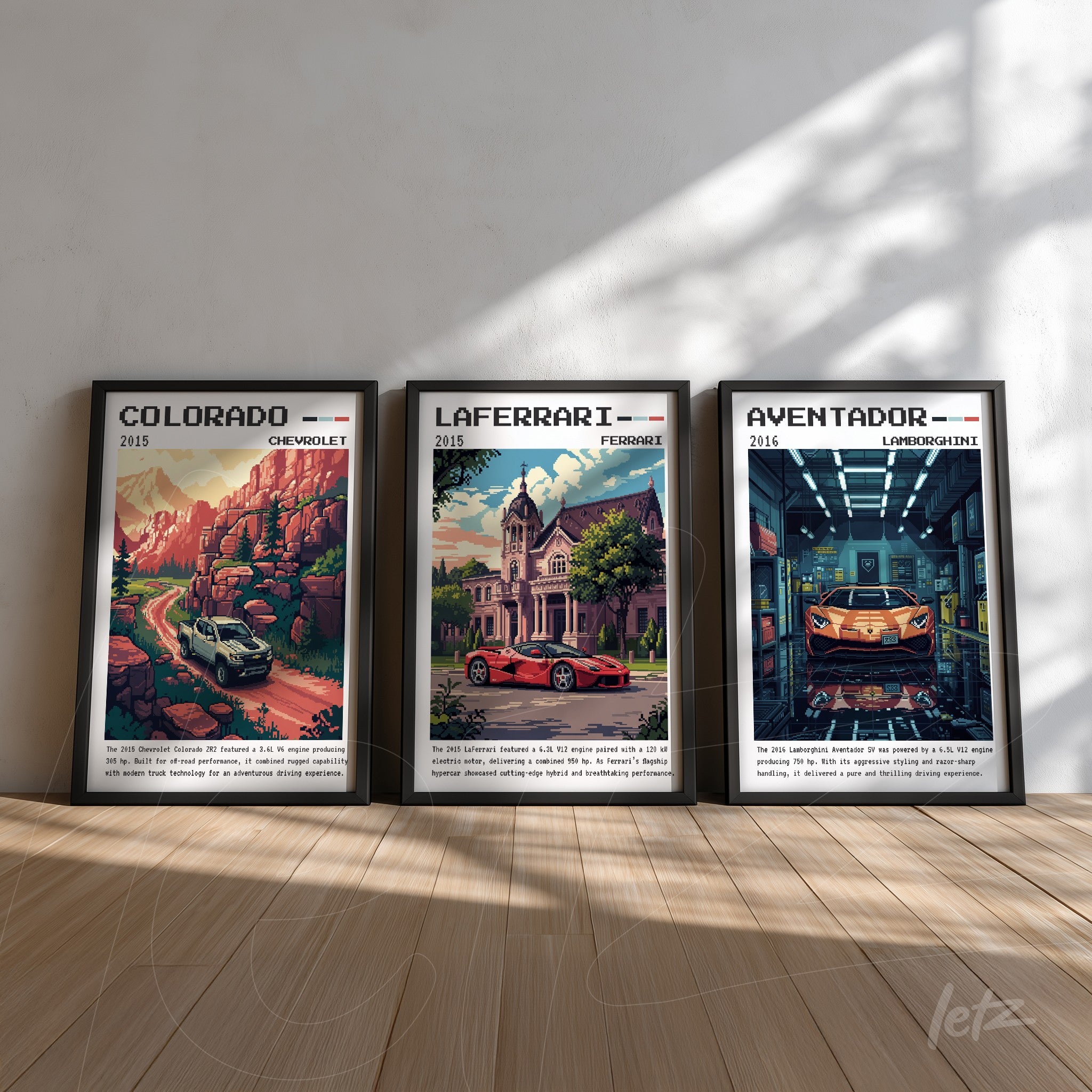 set of framed illustrations featuring classic cars including Chevrolet Colorado, Ferrari LaFerrari, and Lamborghini Aventador displayed on light wooden floor