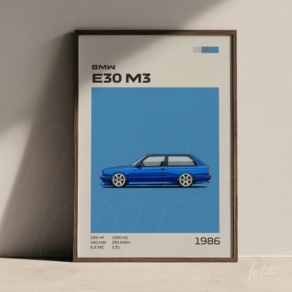 framed minimalist illustration of the BMW E30 M3 car on a light blue background with a dark wood frame