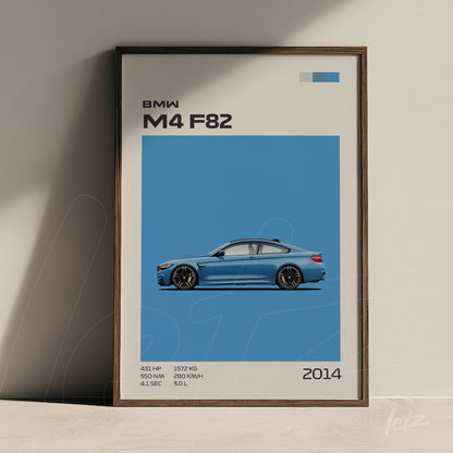framed artwork featuring the BMW M4 F82 car design in brown frame against a light blue background
