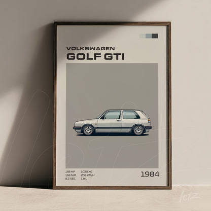 framed wall art featuring a minimalist illustration of a Volkswagen Golf GTI in dark wood frame