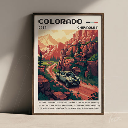 retro style wall art of 2015 Chevrolet Colorado in mountainous landscape with rocky background and dirt road