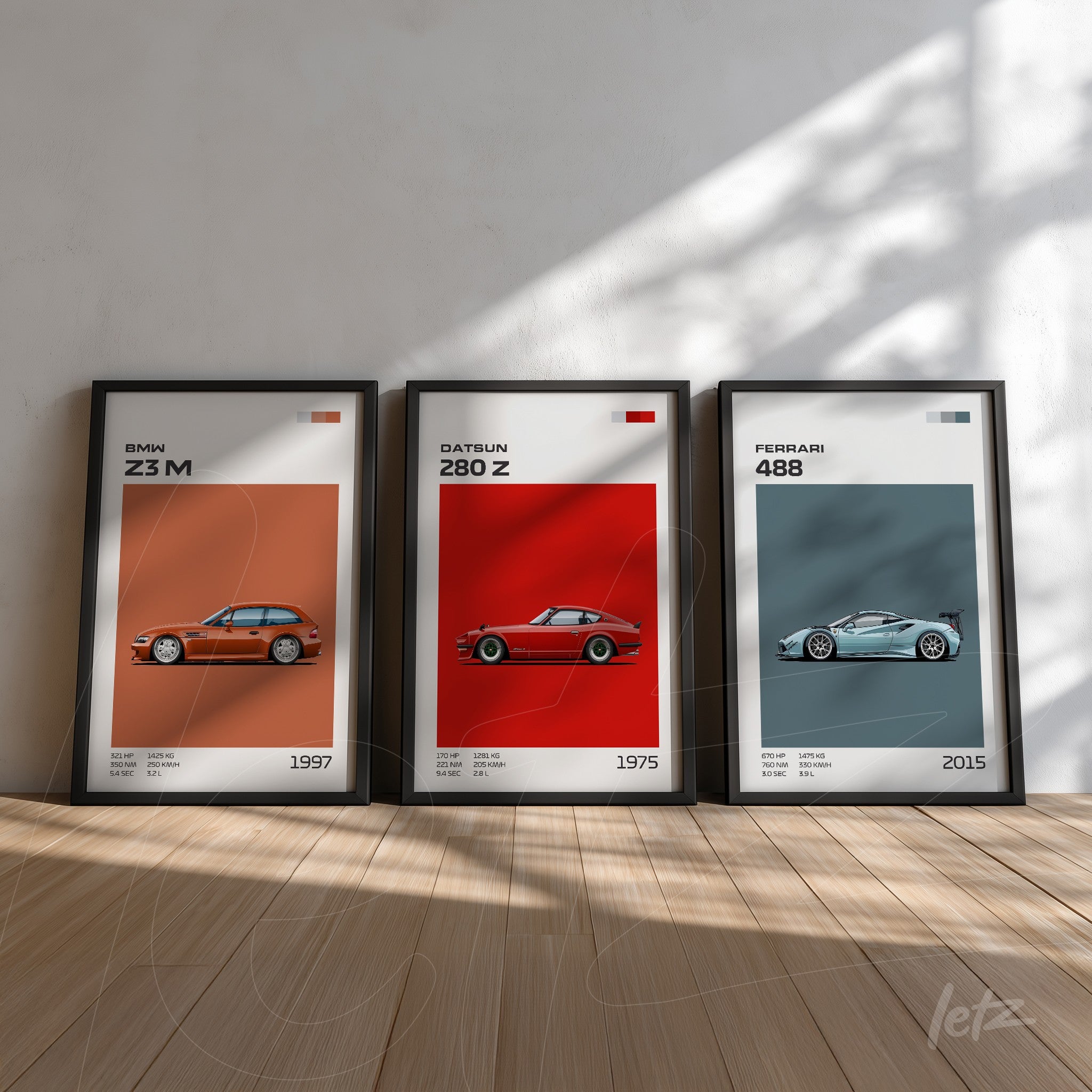 set of three framed wall art pieces featuring illustrations of classic cars, black frames, vibrant colored backgrounds highlighting the bmw z3 m, datsun 280 z, and ferrari 488