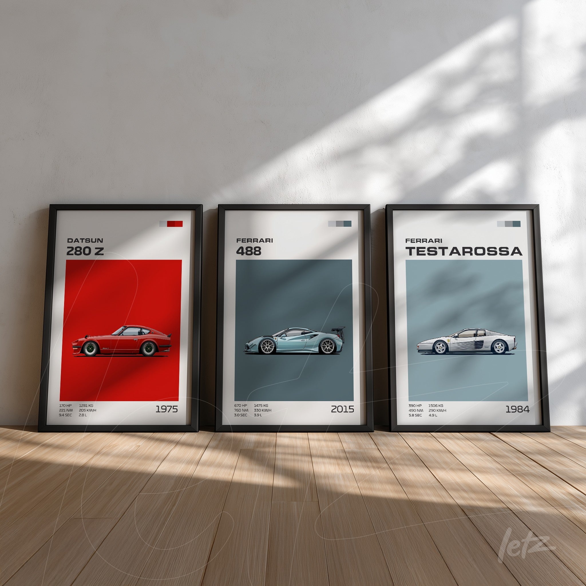 composition with three framed prints of classic cars featuring a datsun 280 z from 1975 on red background, a ferrari 488 from 2015 on light gray background, and a ferrari testarossa from 1984 on dark gray background