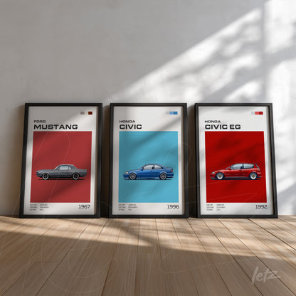 collection of framed wall art featuring minimalist illustrations of Ford Mustang, Honda Civic, and Honda Civic EG on a white wall