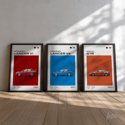 set of three framed artworks featuring sports cars, with the first in red background showing a 1999 Lancer VI, the second in blue background displaying a 2001 Lancer VII, and the third on white background featuring a 2022 Nissan GTR, all in black frames