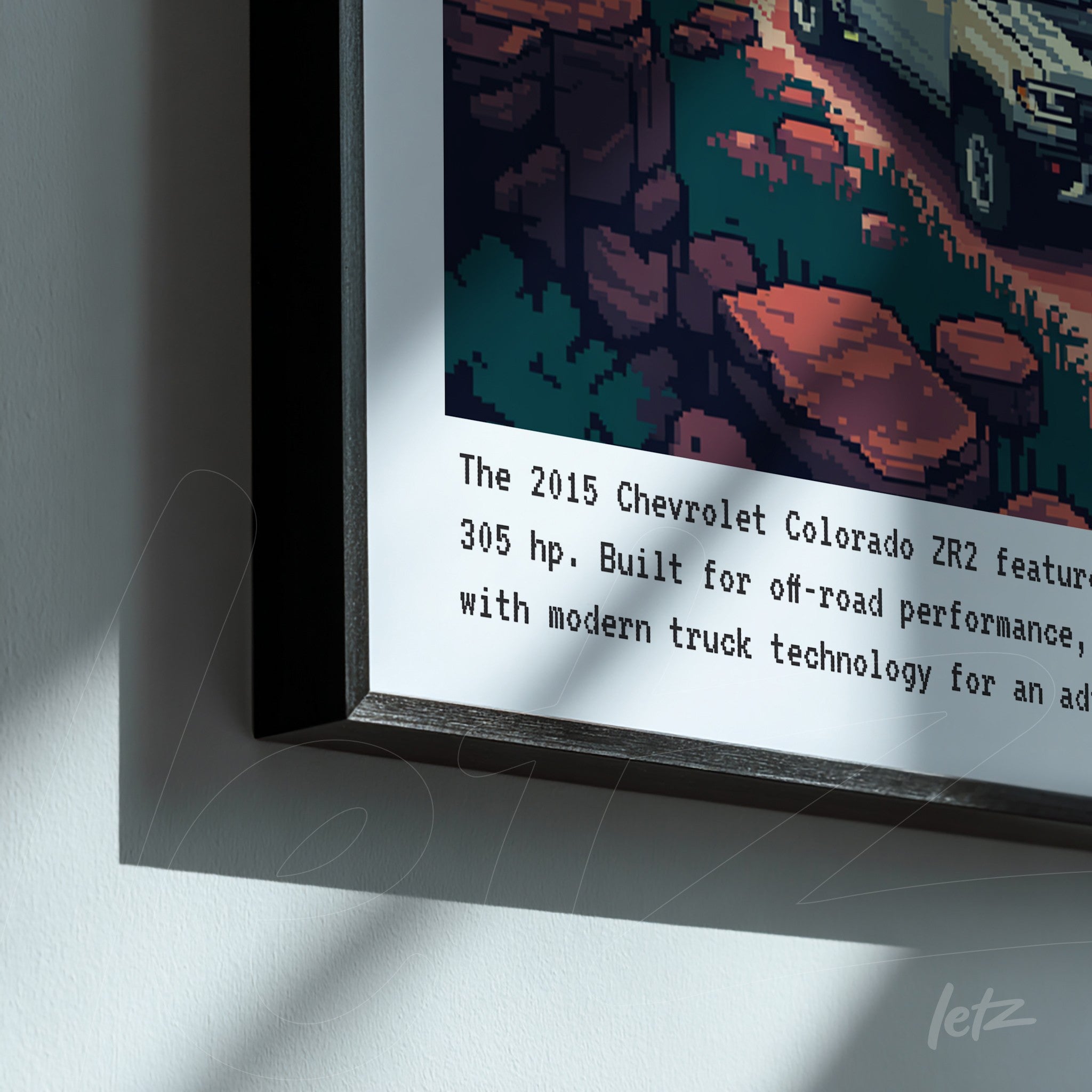 framed pixel art of a Chevrolet Colorado ZR2 truck in a mountainous landscape