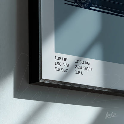 framed wall art featuring a graphic of a sports car with technical specifications beside it, black frame
