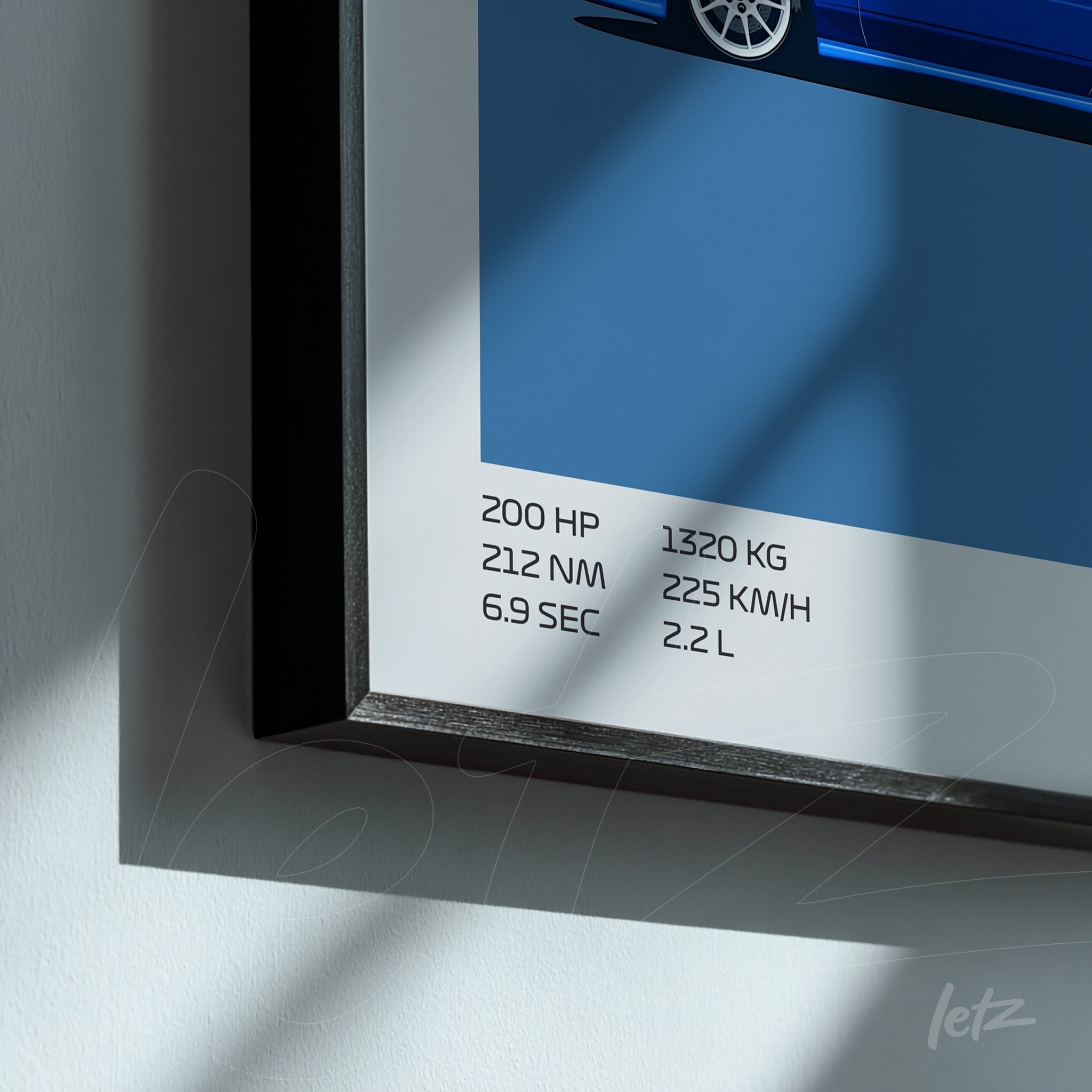 framed wall art featuring a blue car illustration in minimalist style with performance details and specifications at the bottom