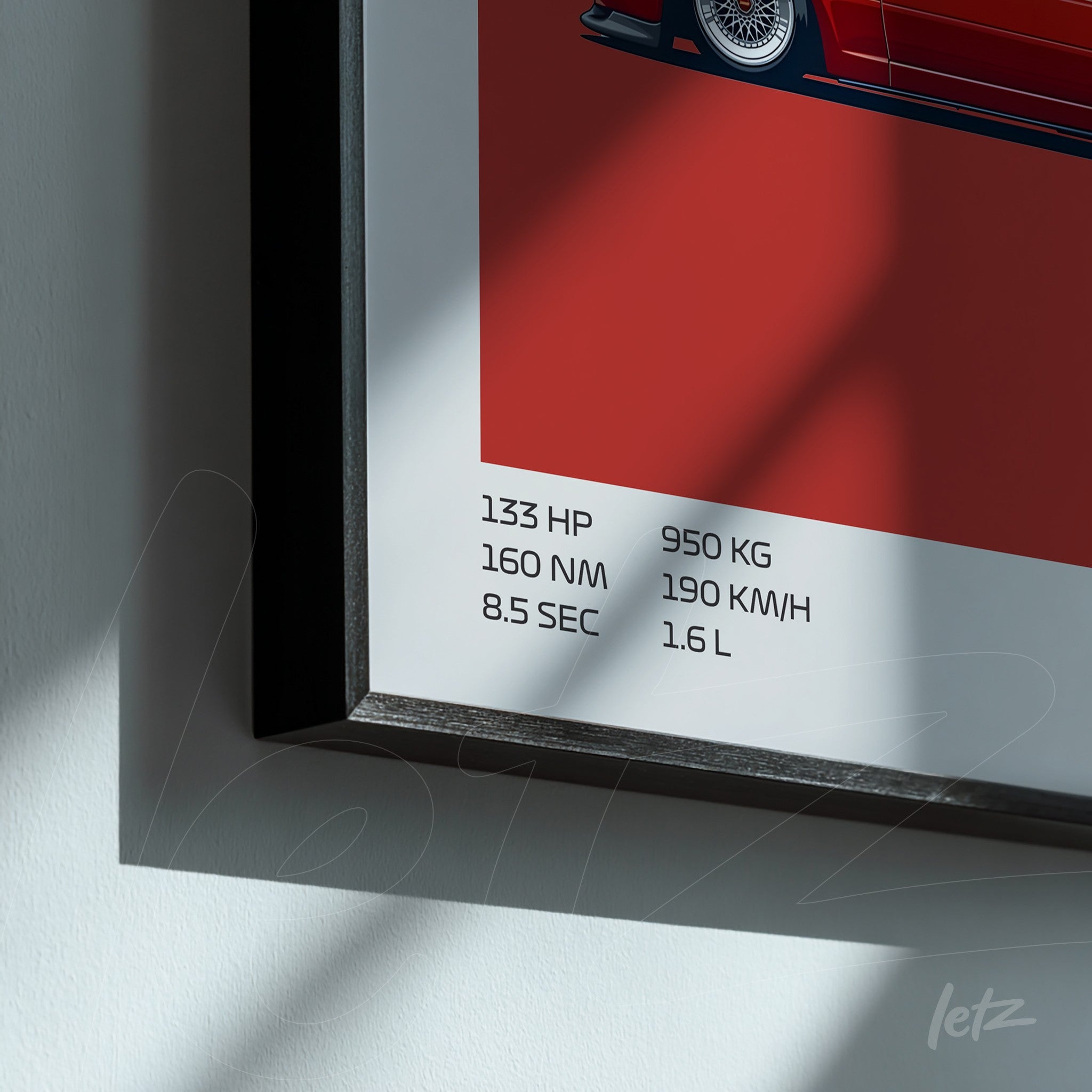 framed wall art featuring a stylized car illustration on red background with detailed technical specifications in text and black frame