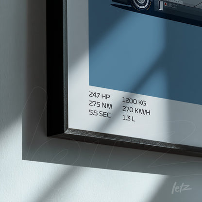 framed wall art featuring a technical illustration of a sports car with dark frame and blue background