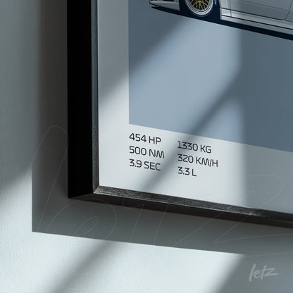framed wall art featuring a minimalist illustration of a sports car with black frame and technical details in text