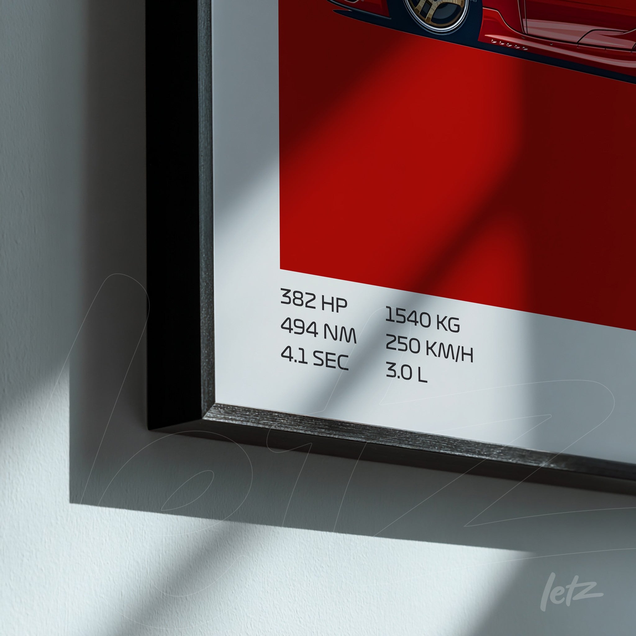 framed wall art of a sports car on a red background with technical details on the right
