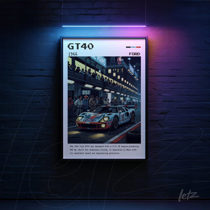 framed digital art of the Ford GT40 with historical details, displayed on a dark wall with neon lighting